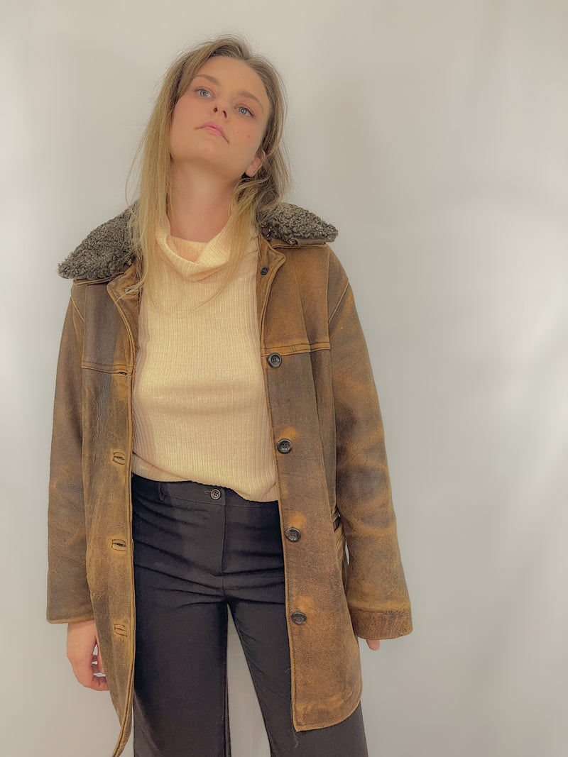 Pure Warmth Shearling Collar Leather Jacket